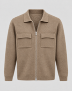 Men's Knit Zip Jacket - Shirt Collar Chest Pockets