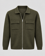 Men's Knit Zip Jacket - Shirt Collar Chest Pockets