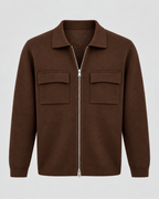 Men's Knit Zip Jacket - Shirt Collar Chest Pockets