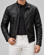 Men's Leather Racer Jacket - Zip Front Stand Collar Hip Length