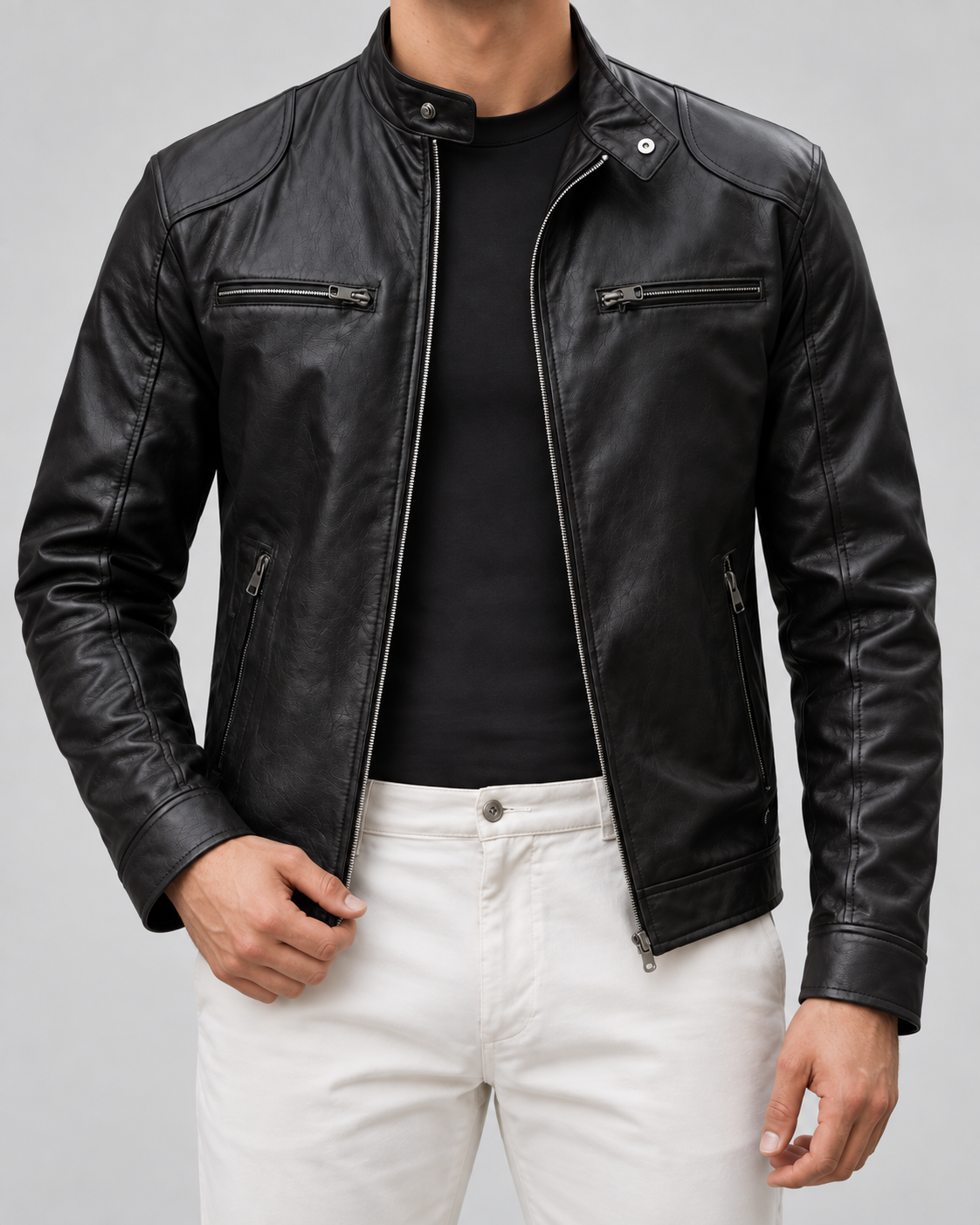 Men's Leather Racer Jacket - Zip Front Stand Collar Hip Length