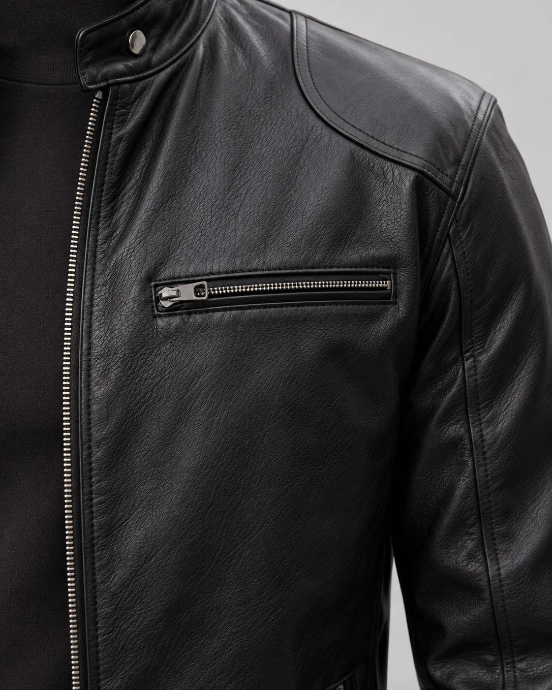 Men's Leather Racer Jacket - Zip Front Stand Collar Hip Length