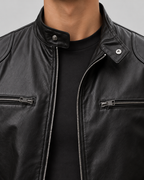 Men's Leather Racer Jacket - Zip Front Stand Collar Hip Length