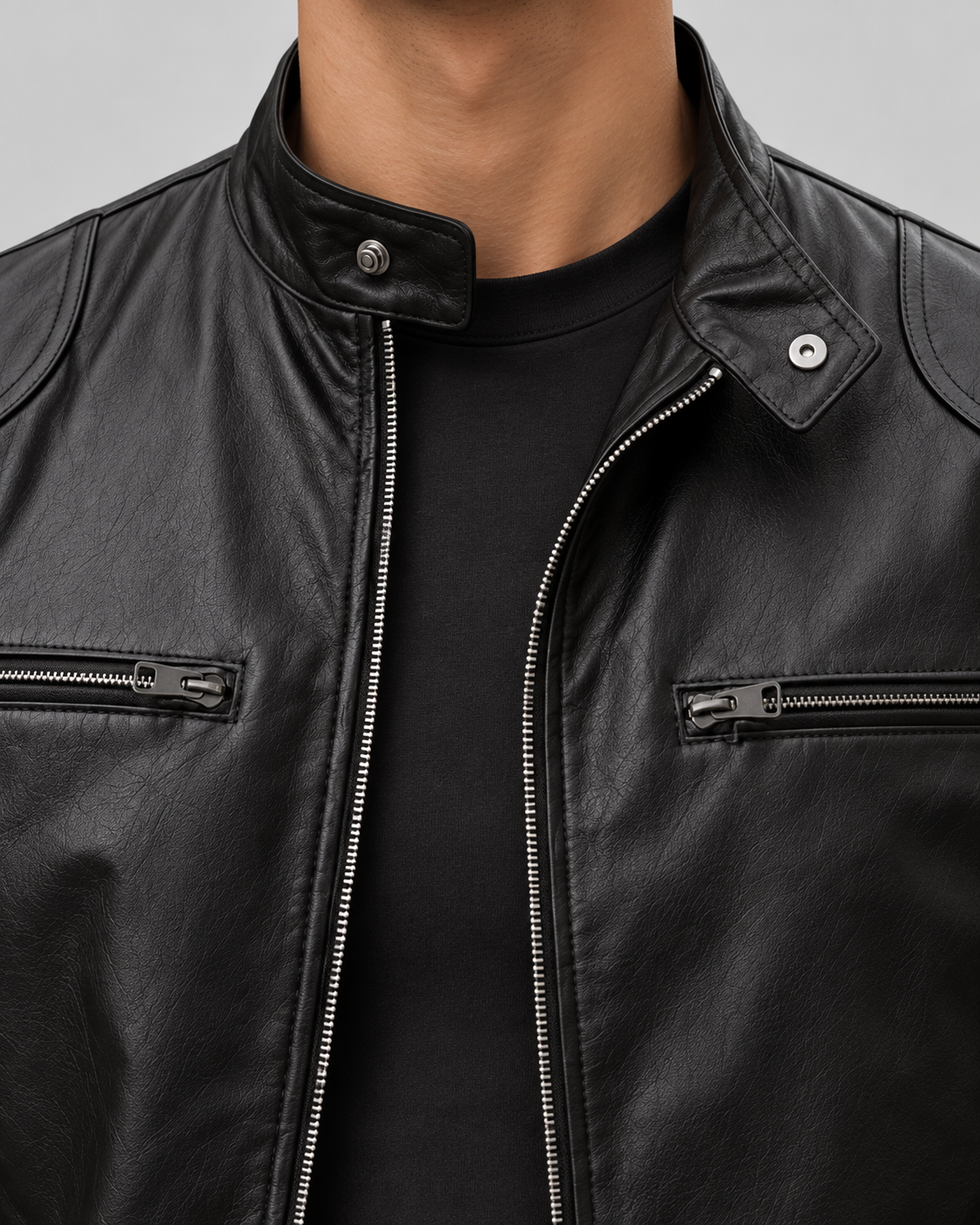 Men's Leather Racer Jacket - Zip Front Stand Collar Hip Length