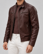 Men's Leather Racer Jacket - Zip Front Stand Collar Hip Length
