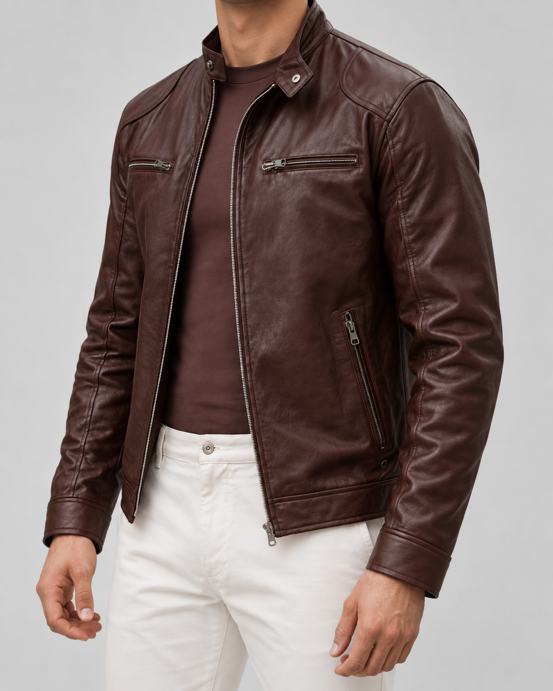 Men's Leather Racer Jacket - Zip Front Stand Collar Hip Length
