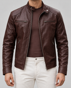 Men's Leather Racer Jacket - Zip Front Stand Collar Hip Length