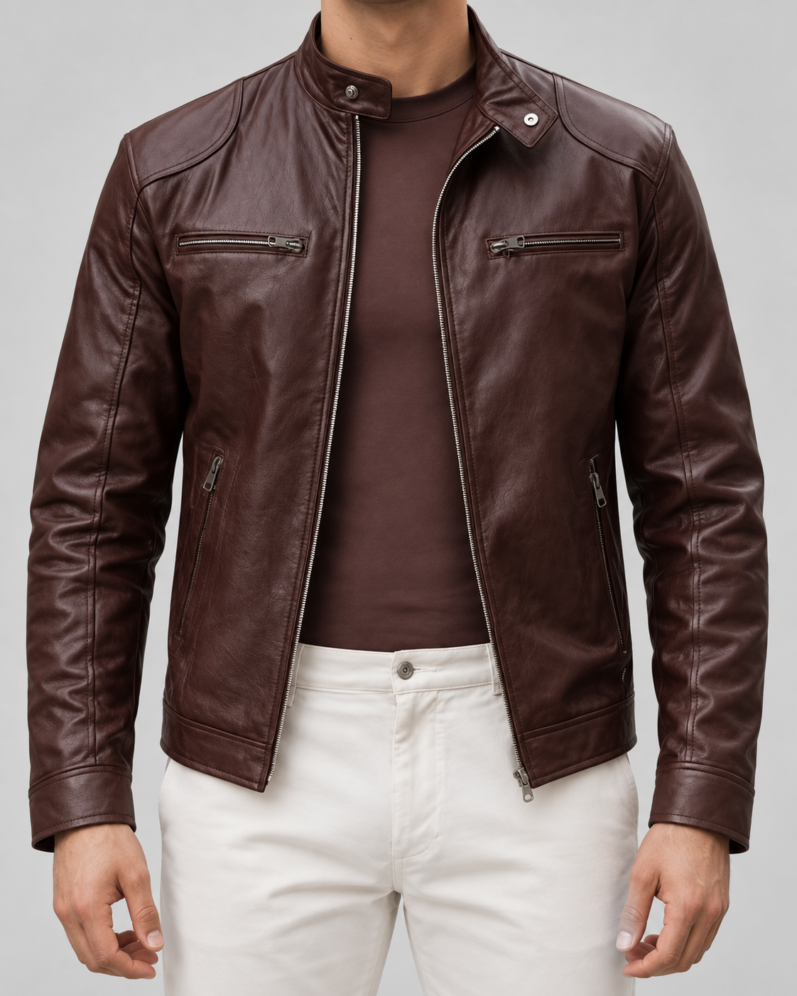 Men's Leather Racer Jacket - Zip Front Stand Collar Hip Length