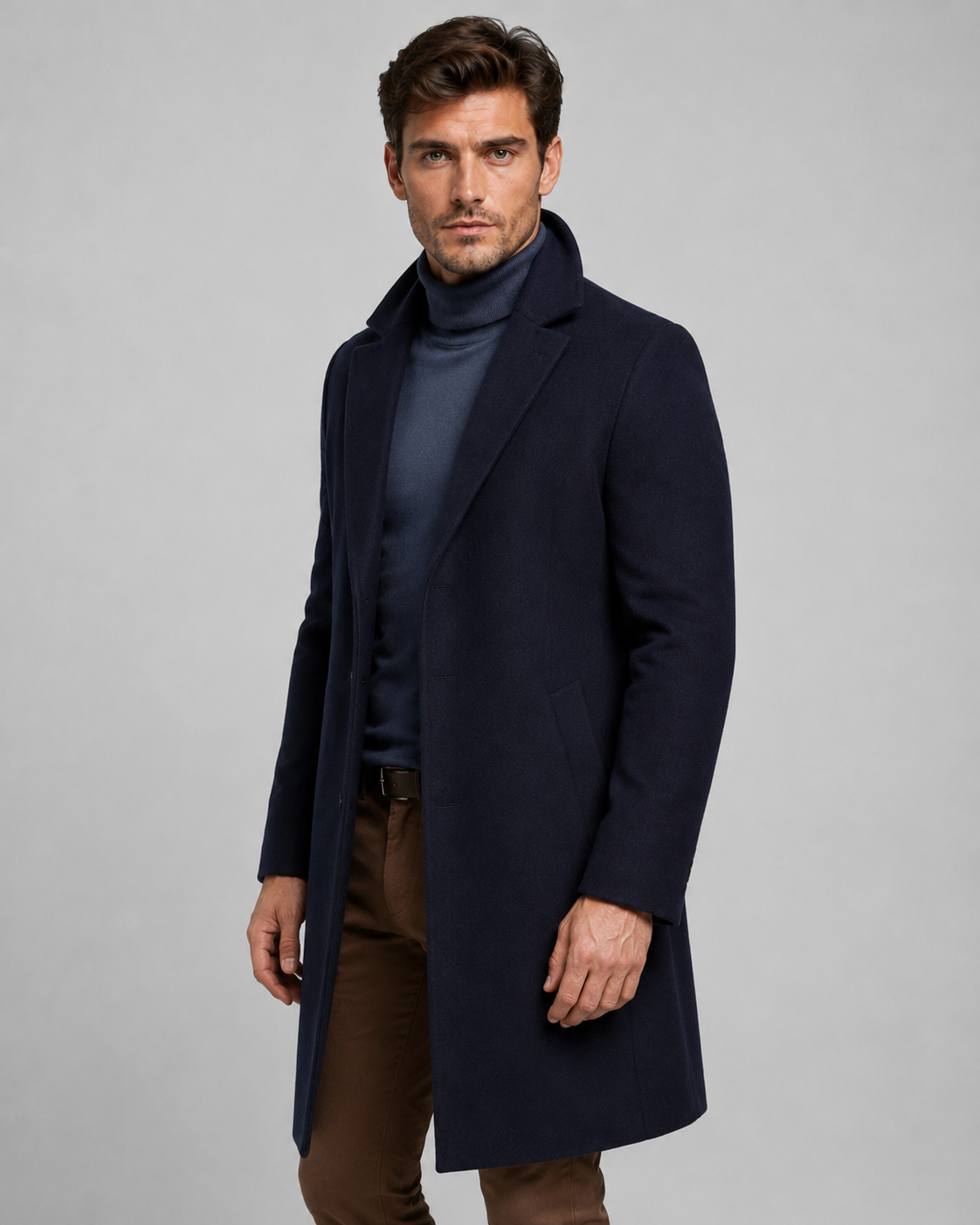 Men's Long Overcoat - Single-Breasted Notch Lapel Tailored Fit