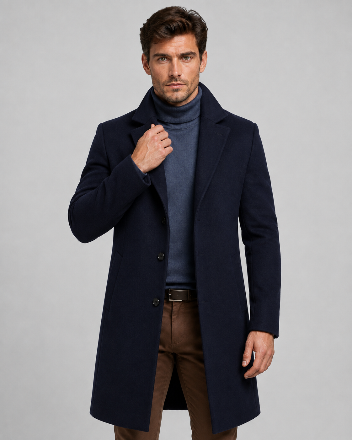 Men's Long Overcoat - Single-Breasted Notch Lapel Tailored Fit