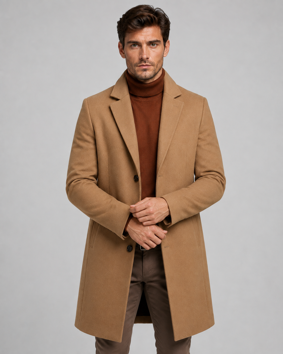 Men's Long Overcoat - Single-Breasted Notch Lapel Tailored Fit