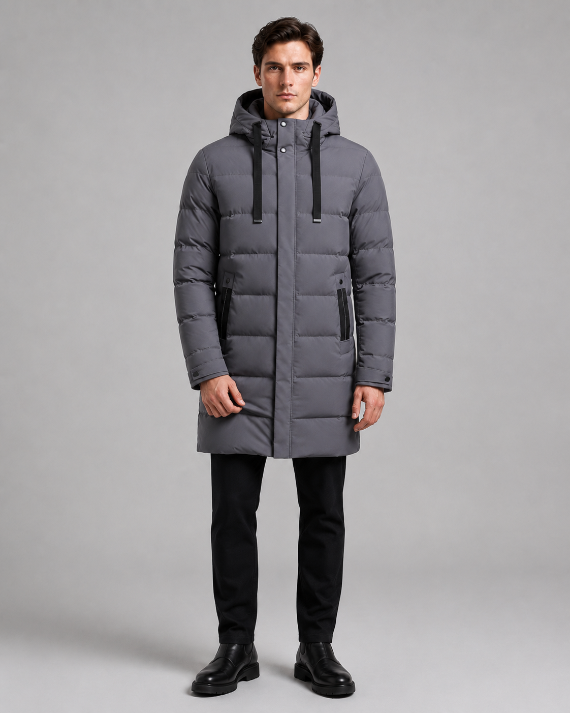 Men's Long Quilted Parka - Hooded Insulated Design