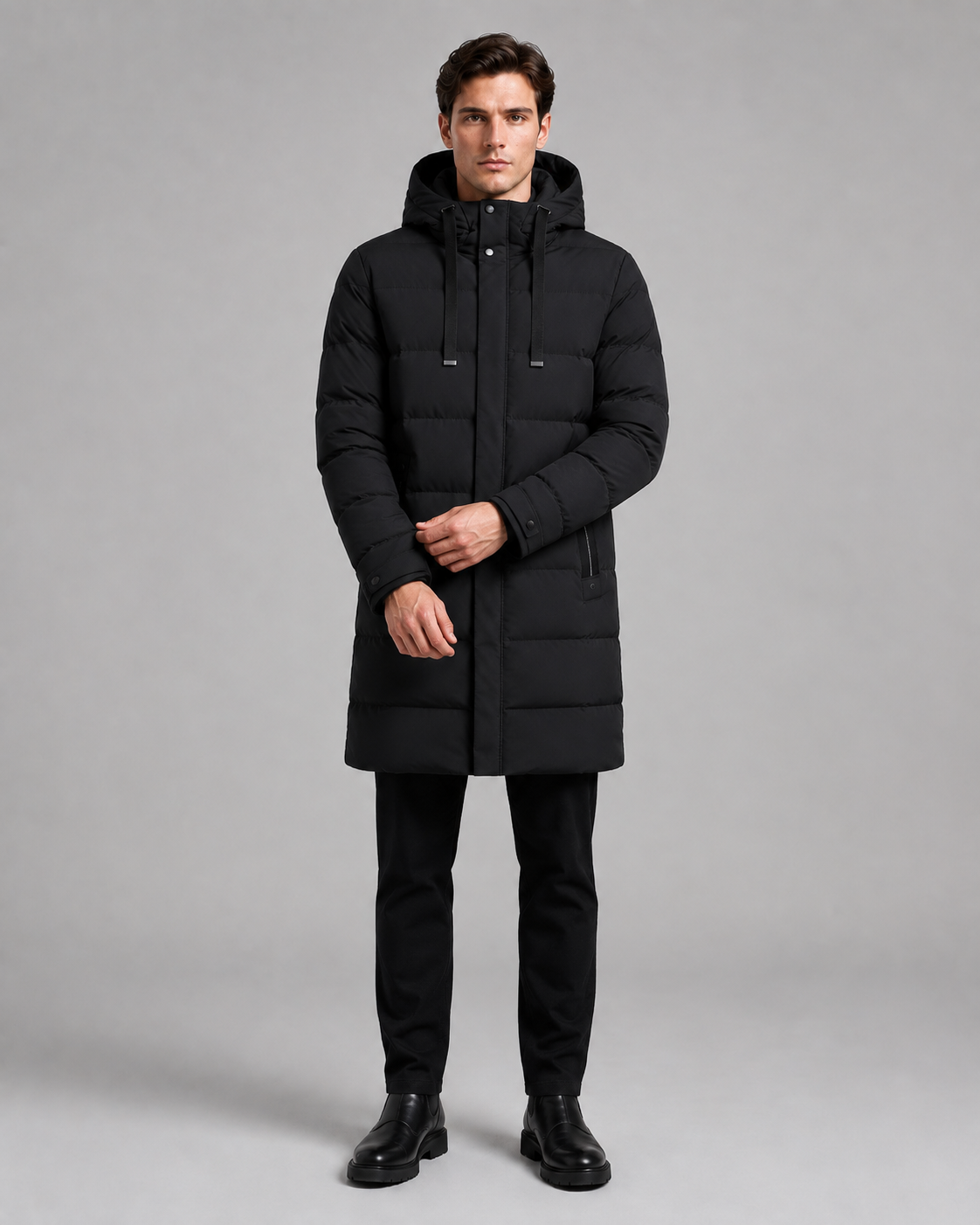 Men's Long Quilted Parka - Hooded Insulated Design