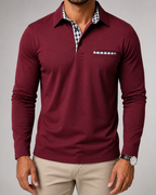 Men's Long Sleeve Polo Shirt with Gingham Trim
