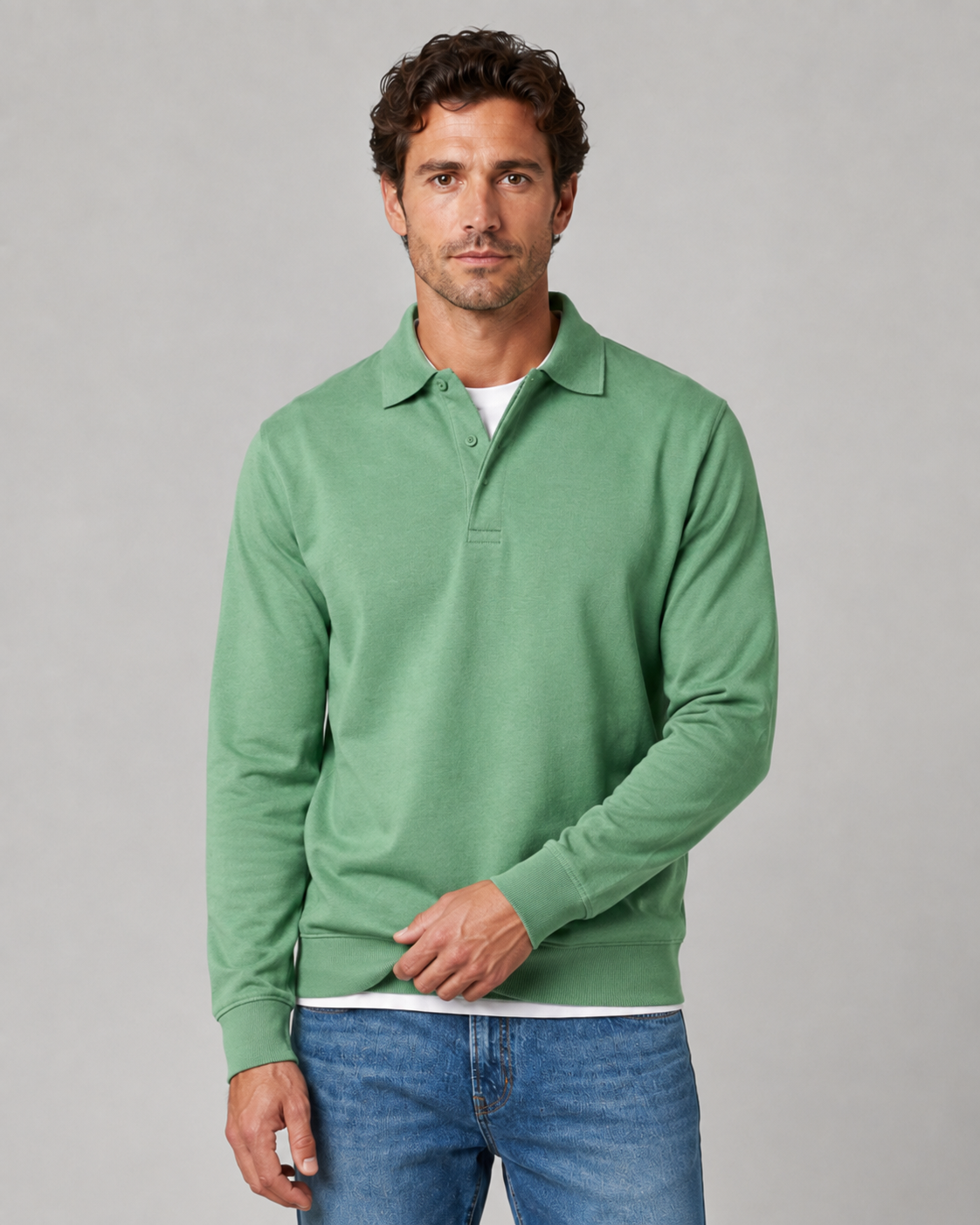 Men's Long-Sleeve Polo Sweatshirt Collared Button Neck