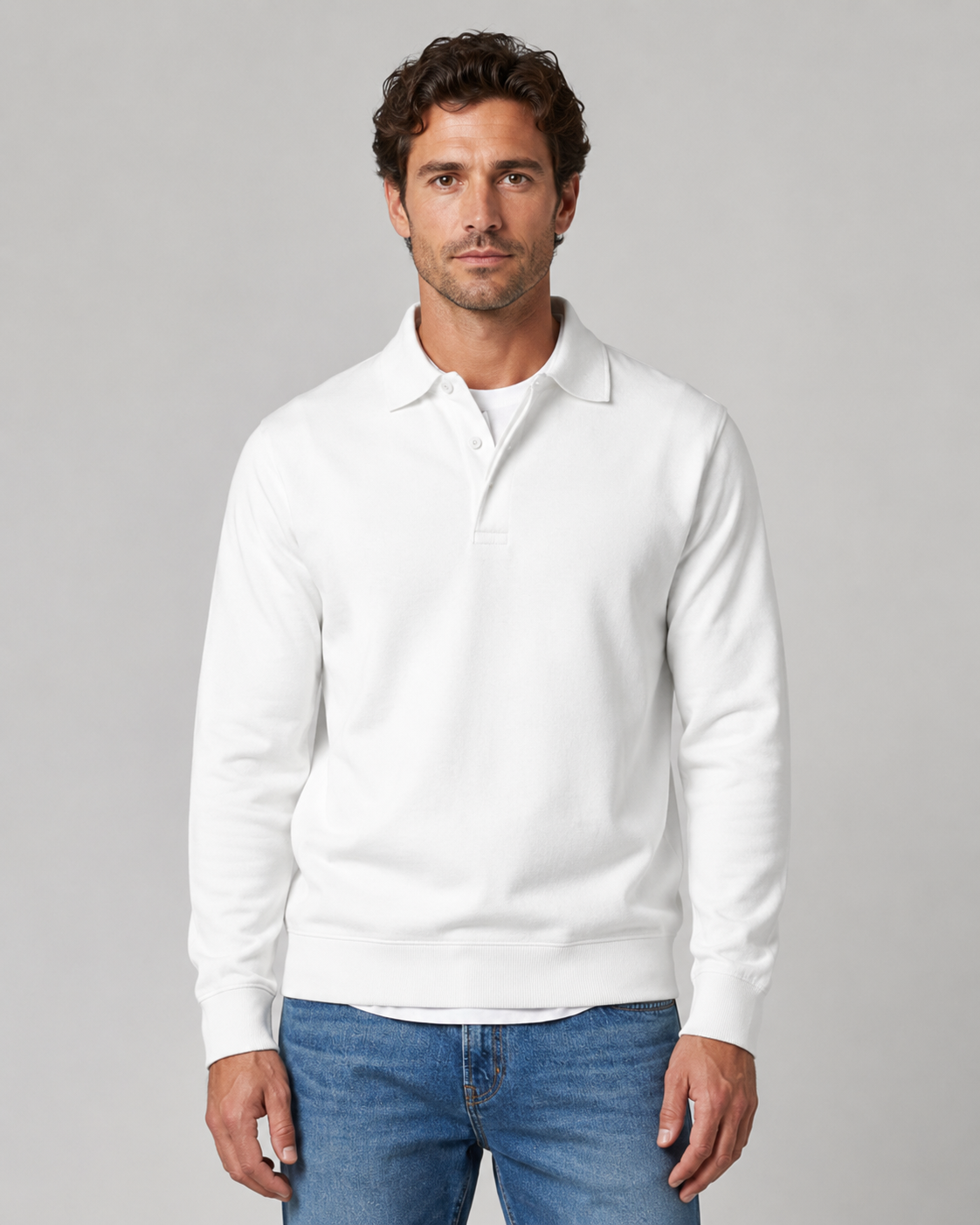 Men's Long-Sleeve Polo Sweatshirt Collared Button Neck