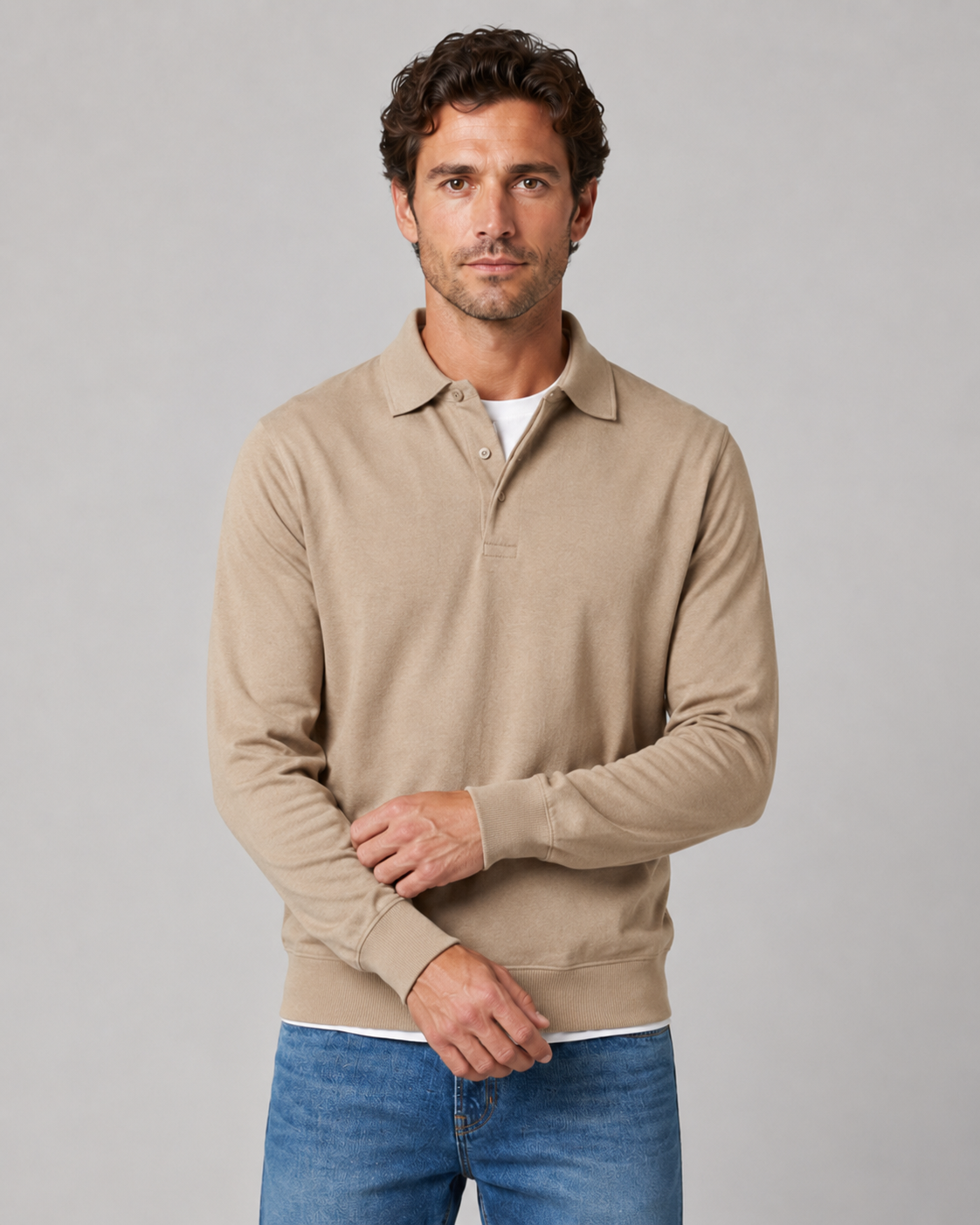 Men's Long-Sleeve Polo Sweatshirt Collared Button Neck