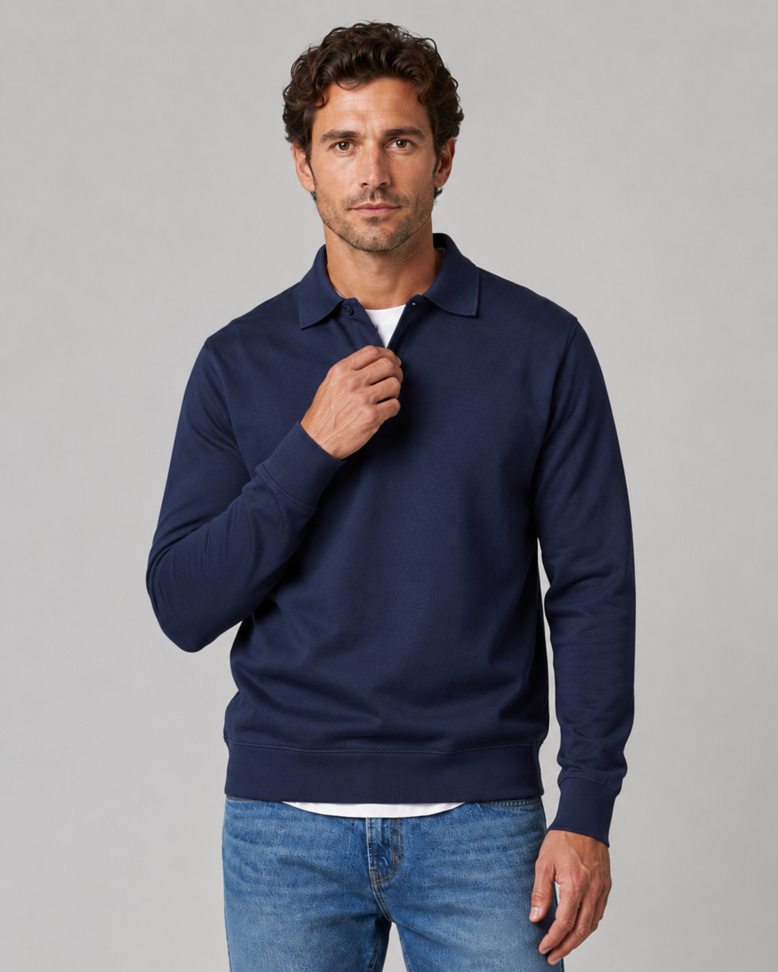 Men's Long-Sleeve Polo Sweatshirt Collared Button Neck