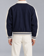 Men's Navy Varsity Jacket - Contrast Stripe Snap-Button Relaxed Fit