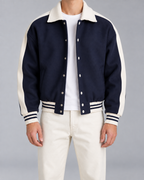 Men's Navy Varsity Jacket - Contrast Stripe Snap-Button Relaxed Fit