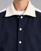 Men's Navy Varsity Jacket - Contrast Stripe Snap-Button Relaxed Fit