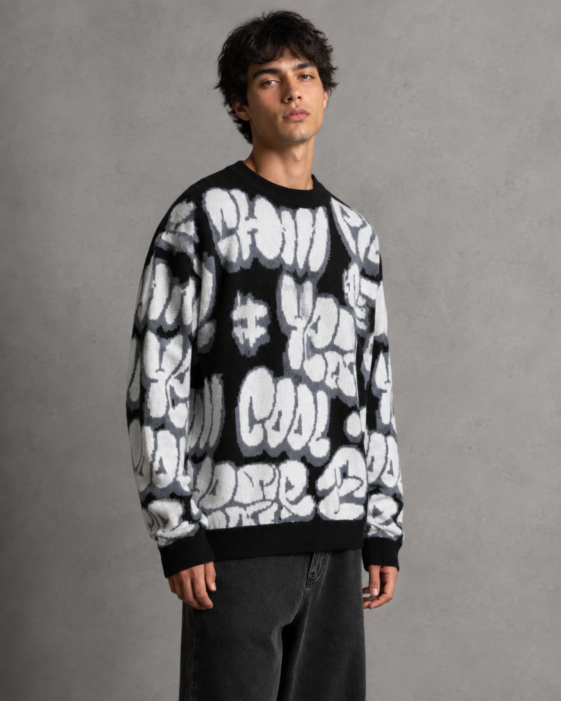 Men's Oversized Graphic Knit Sweater - Graffiti Drop-Shoulder Fit