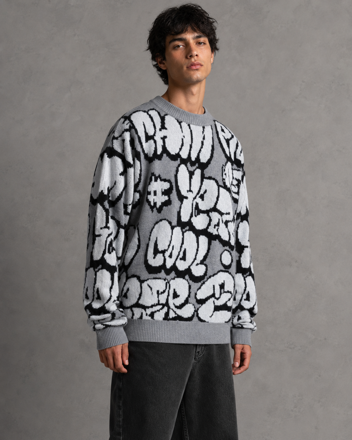 Men's Oversized Graphic Knit Sweater - Graffiti Drop-Shoulder Fit