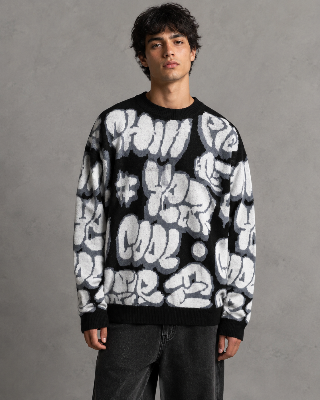 Men's Oversized Graphic Knit Sweater - Graffiti Drop-Shoulder Fit