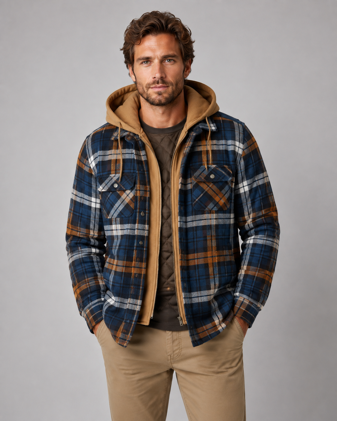Men's Plaid Flannel Shacket - Hooded Zip Front