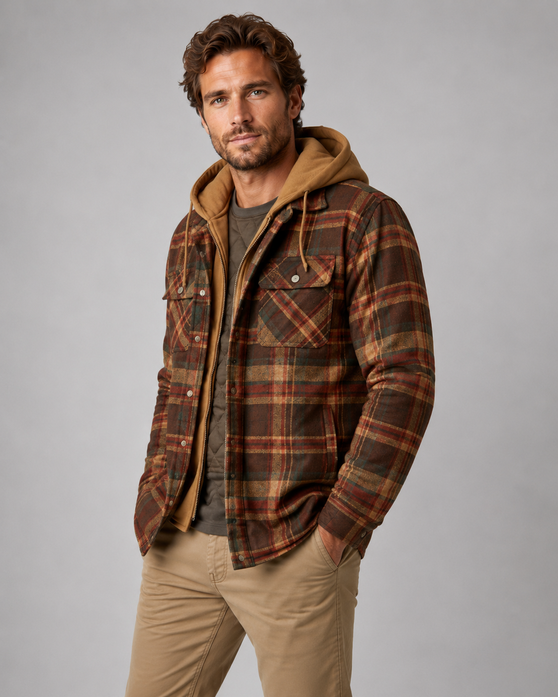 Men's Plaid Flannel Shacket - Hooded Zip Front