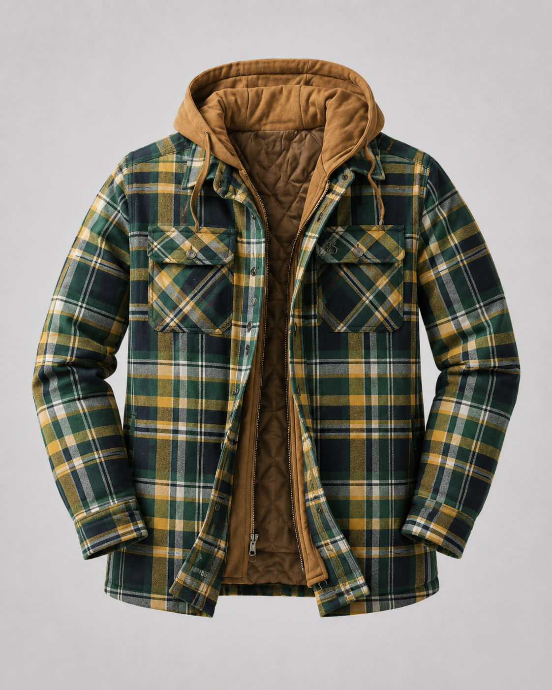 Men's Plaid Flannel Shacket - Hooded Zip Front
