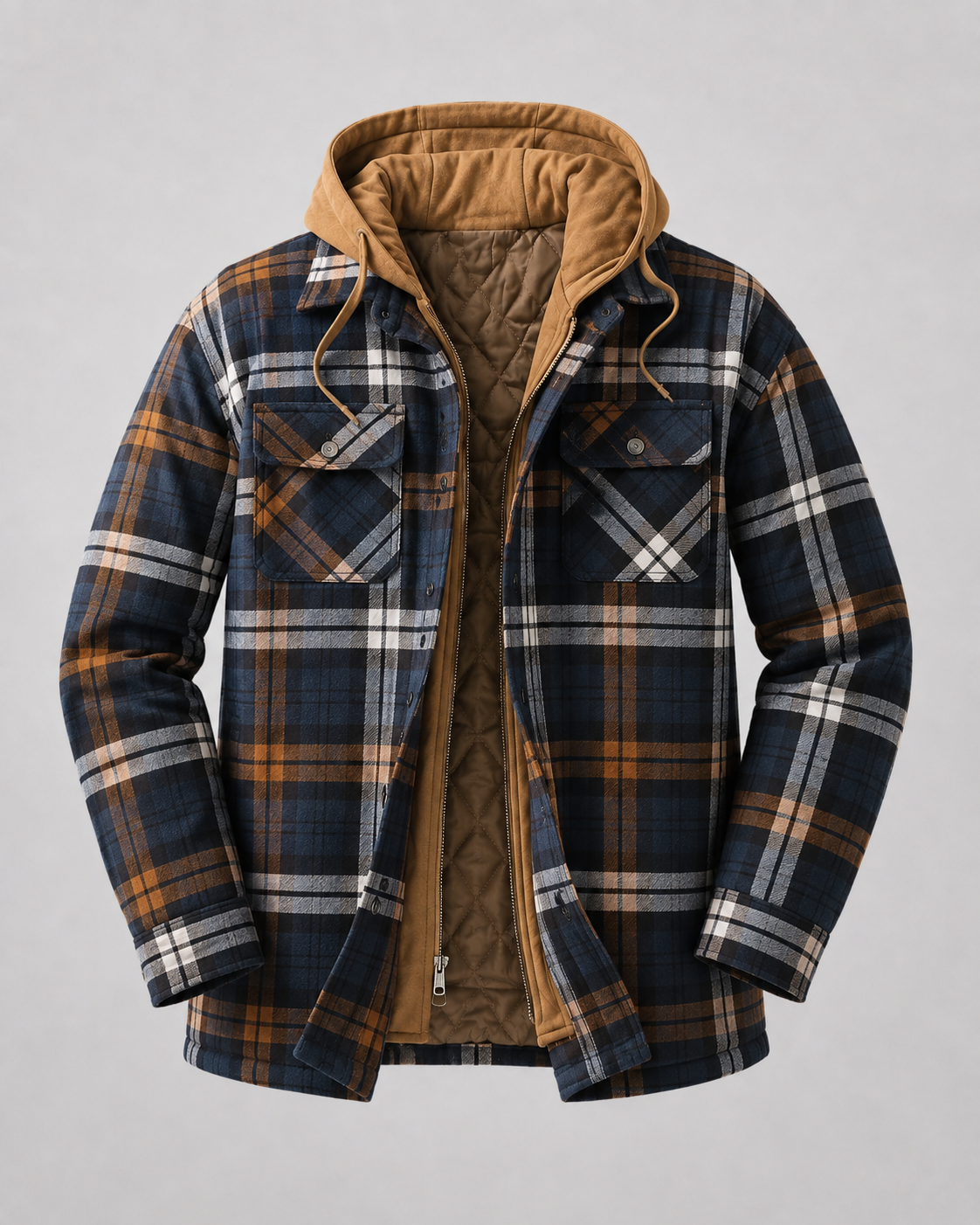 Men's Plaid Flannel Shacket - Hooded Zip Front