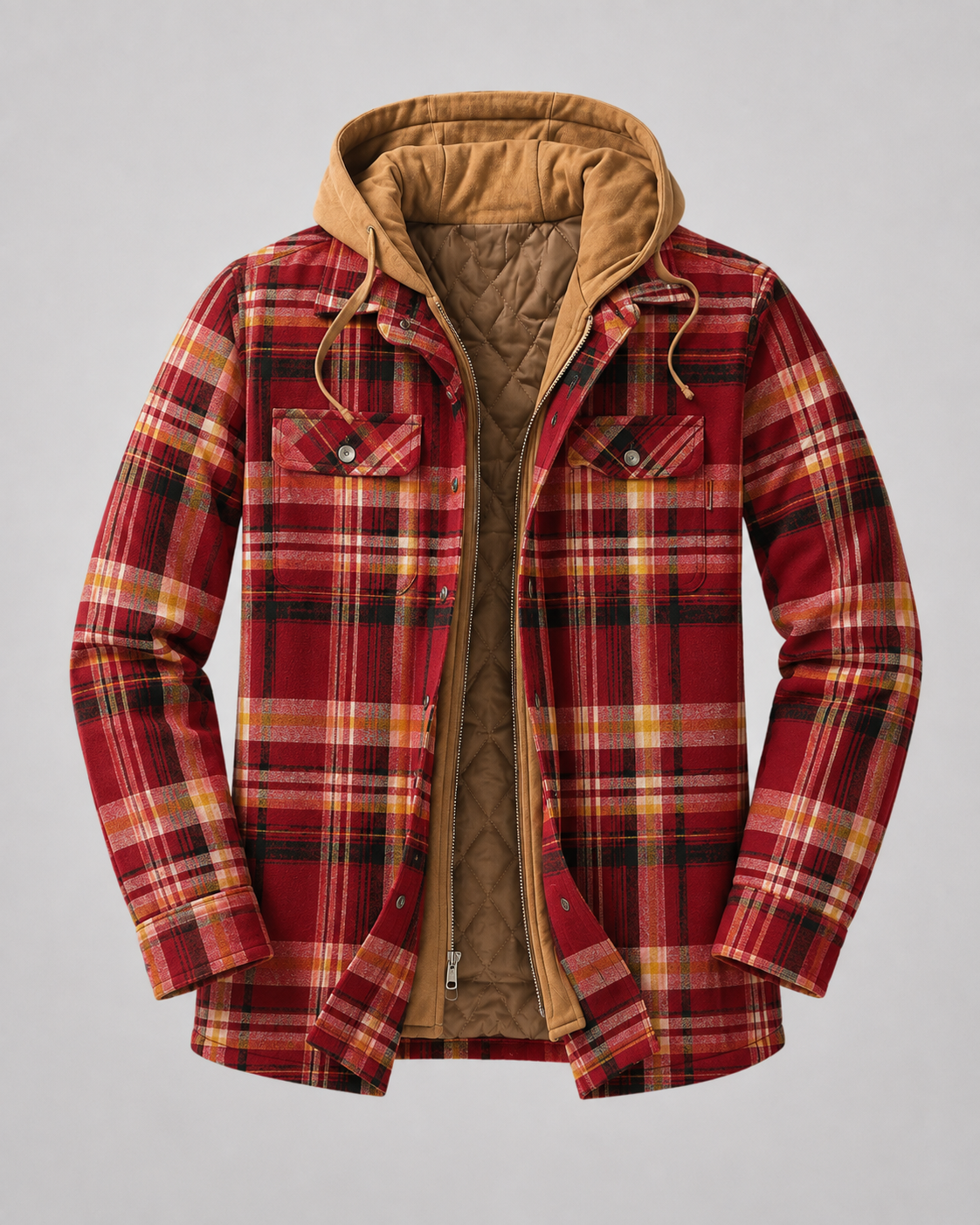 Men's Plaid Flannel Shacket - Hooded Zip Front