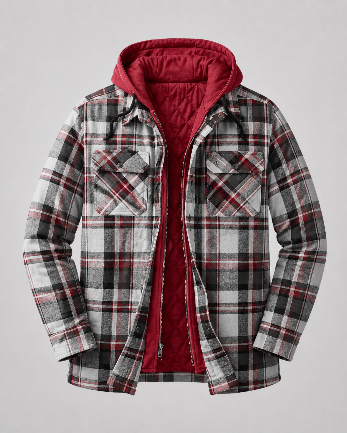 Men's Plaid Flannel Shacket - Hooded Zip Front