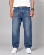 Men's Relaxed Straight Leg Jeans Washed Denim Loose Fit