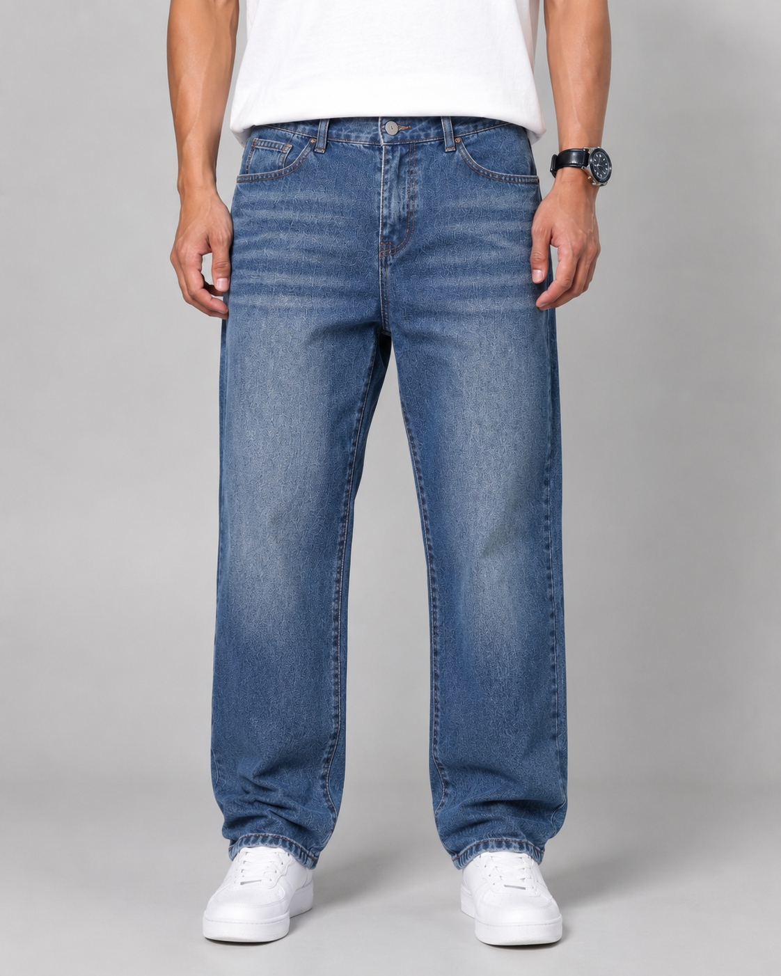 Men's Relaxed Straight Leg Jeans Washed Denim Loose Fit