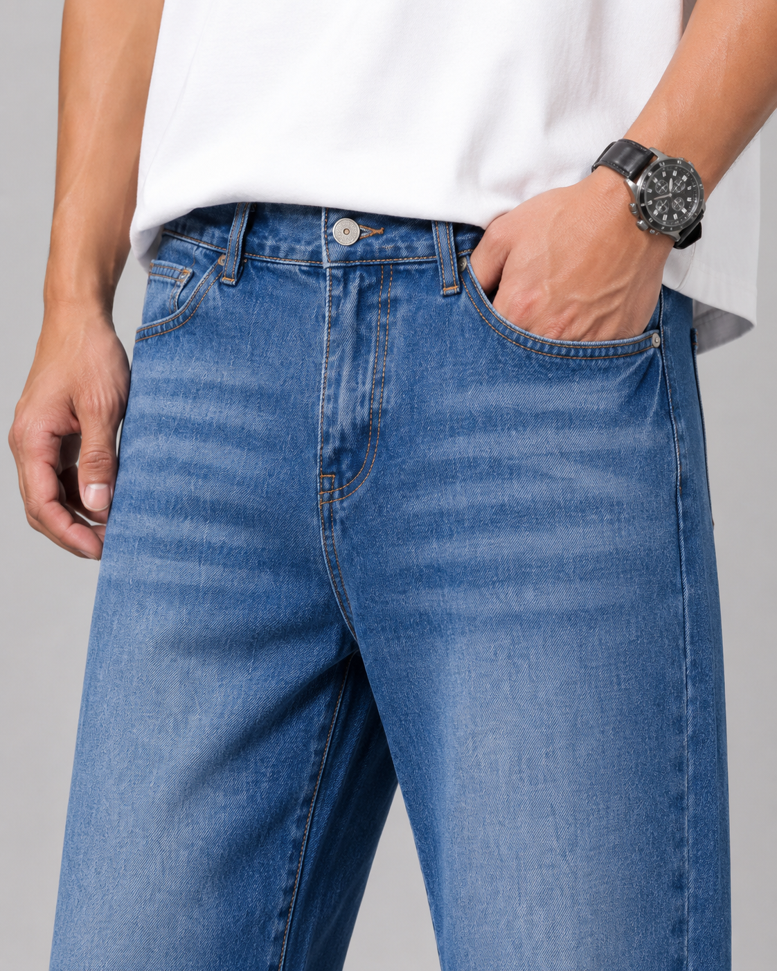 Men's Relaxed Straight Leg Jeans Washed Denim Loose Fit
