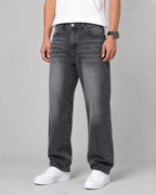 Men's Relaxed Straight Leg Jeans Washed Denim Loose Fit