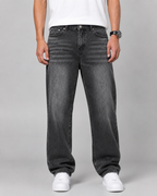 Men's Relaxed Straight Leg Jeans Washed Denim Loose Fit