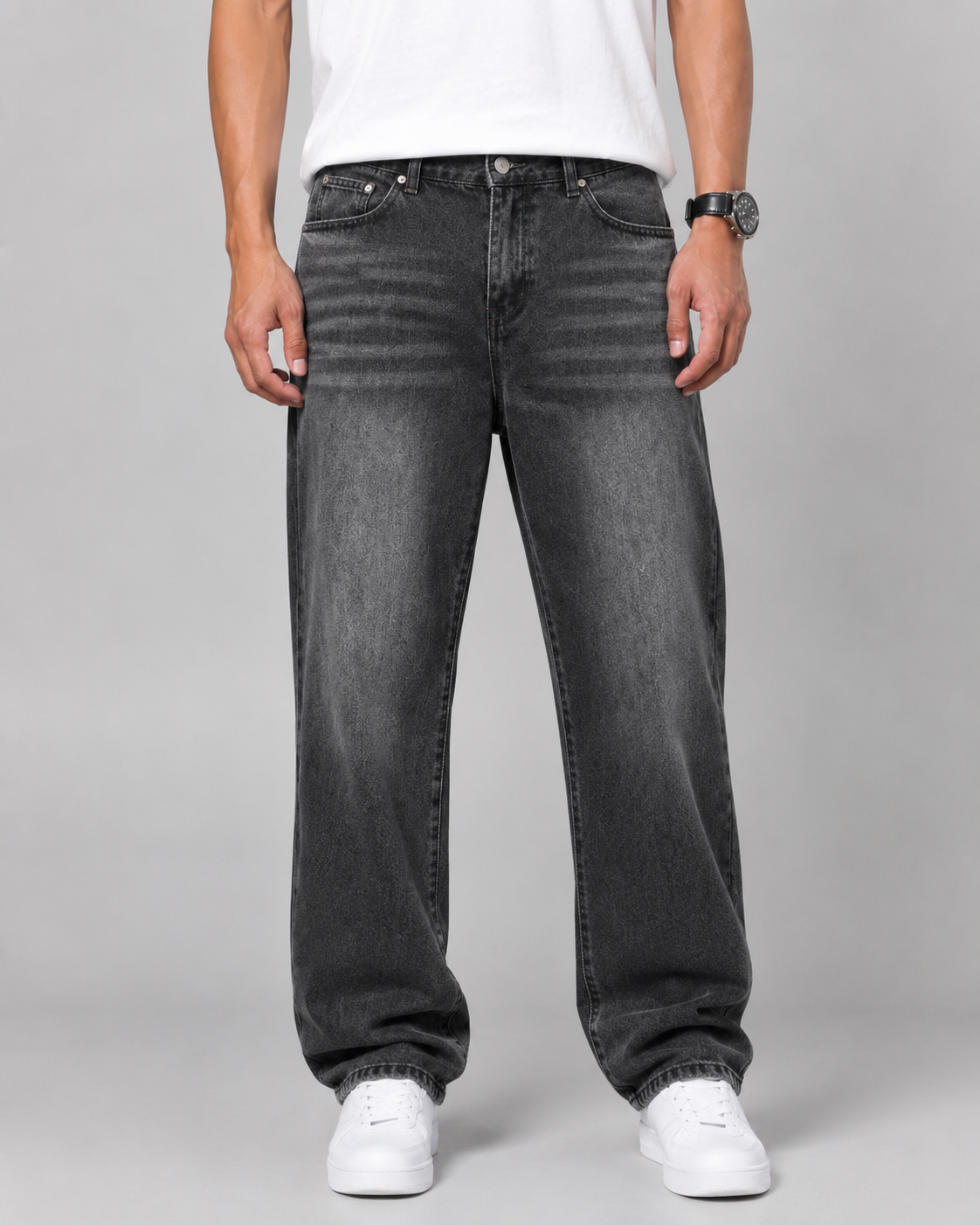 Men's Relaxed Straight Leg Jeans Washed Denim Loose Fit