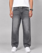 Men's Relaxed Straight Leg Jeans Washed Denim Loose Fit