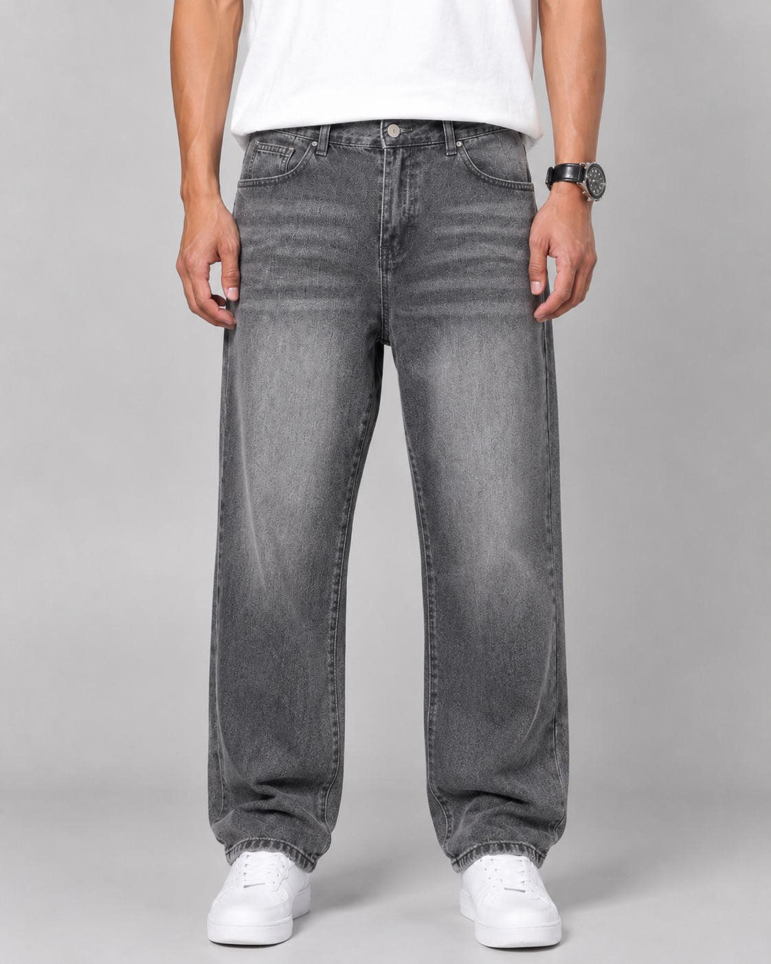 Men's Relaxed Straight Leg Jeans Washed Denim Loose Fit