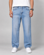Men's Relaxed Straight Leg Jeans Washed Denim Loose Fit