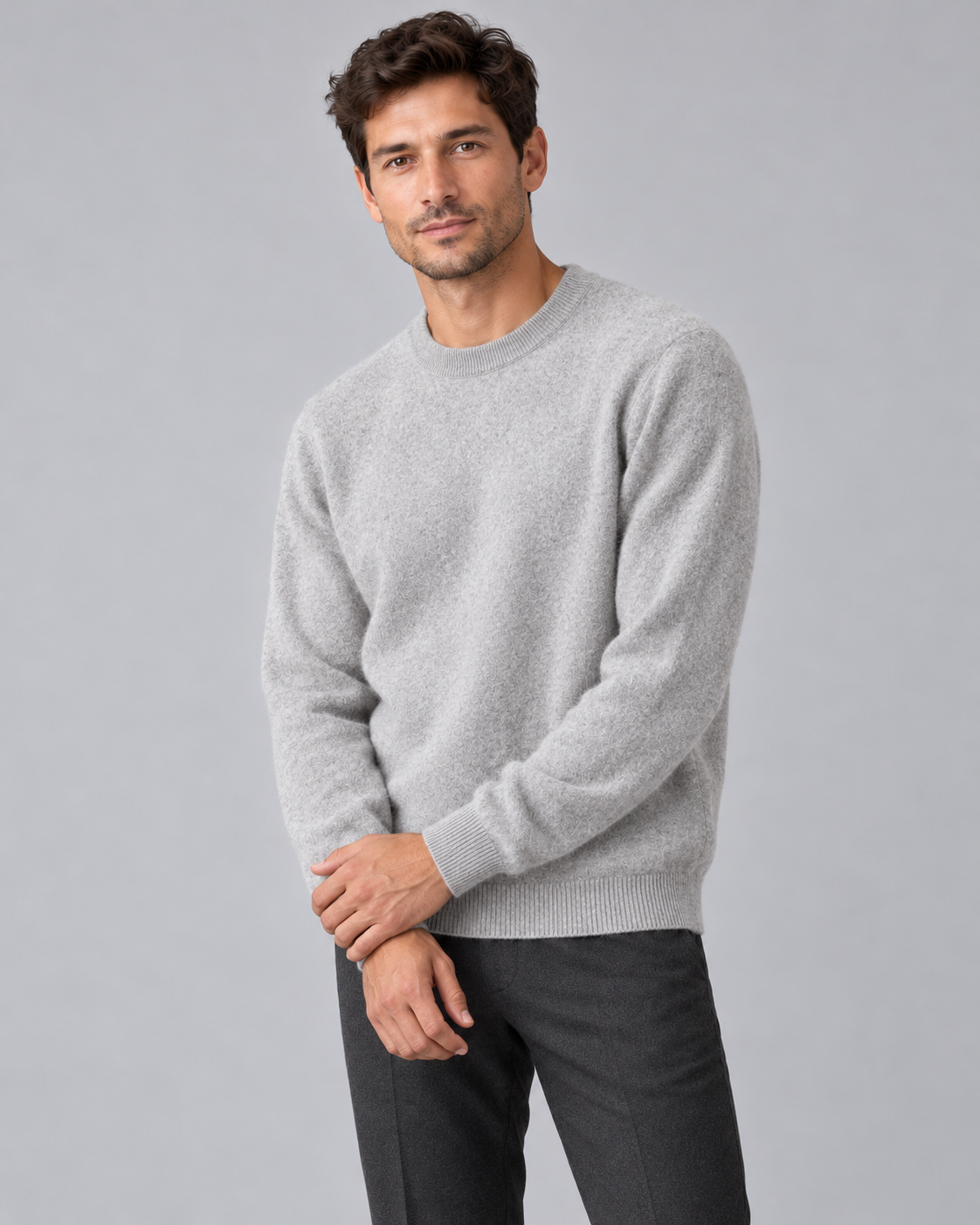 Men's Ribbed-Cuff Wool Sweater - Crew Neck Long Sleeve