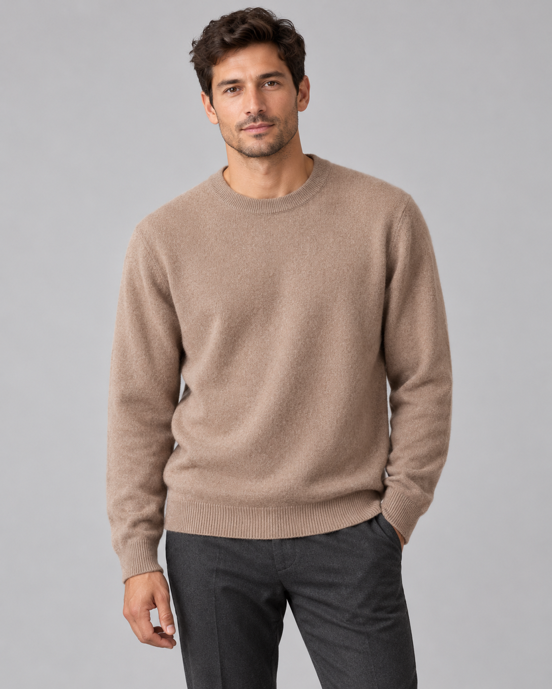Men's Ribbed-Cuff Wool Sweater - Crew Neck Long Sleeve