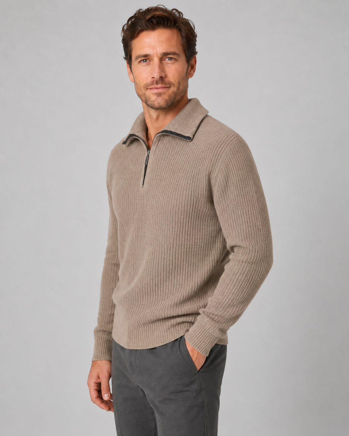 Men's Ribbed Quarter-Zip Collared Sweater
