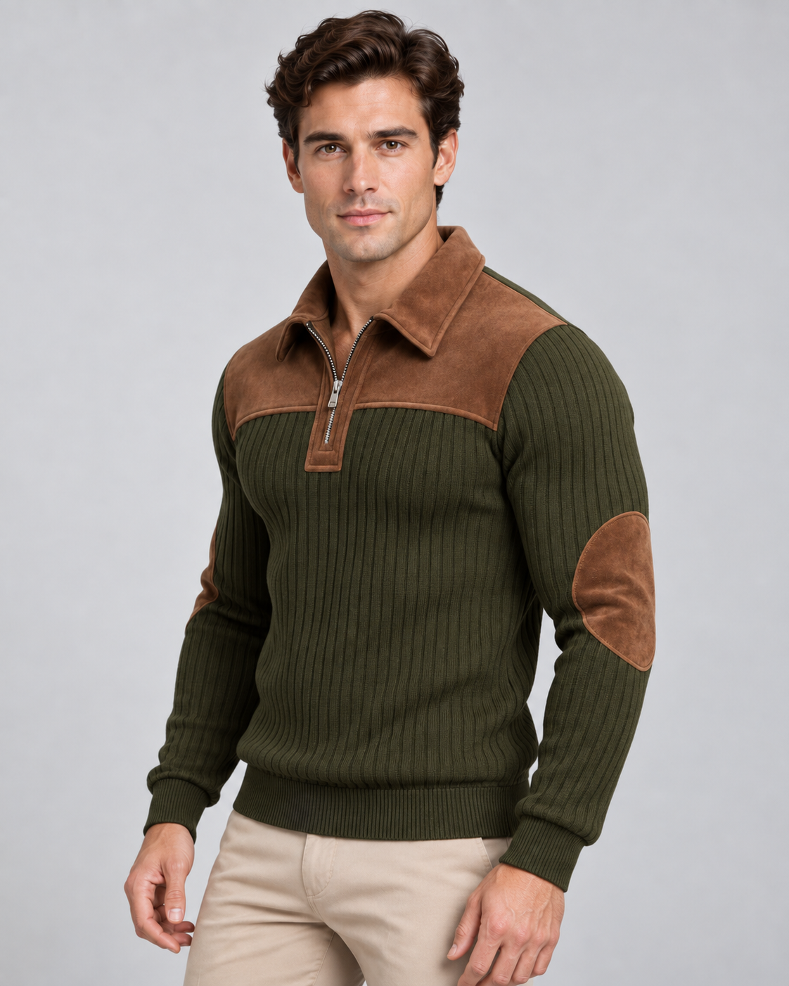 Men's Ribbed Quarter Zip Sweater - Contrast Yoke Regular Fit