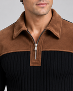 Men's Ribbed Quarter Zip Sweater - Contrast Yoke Regular Fit