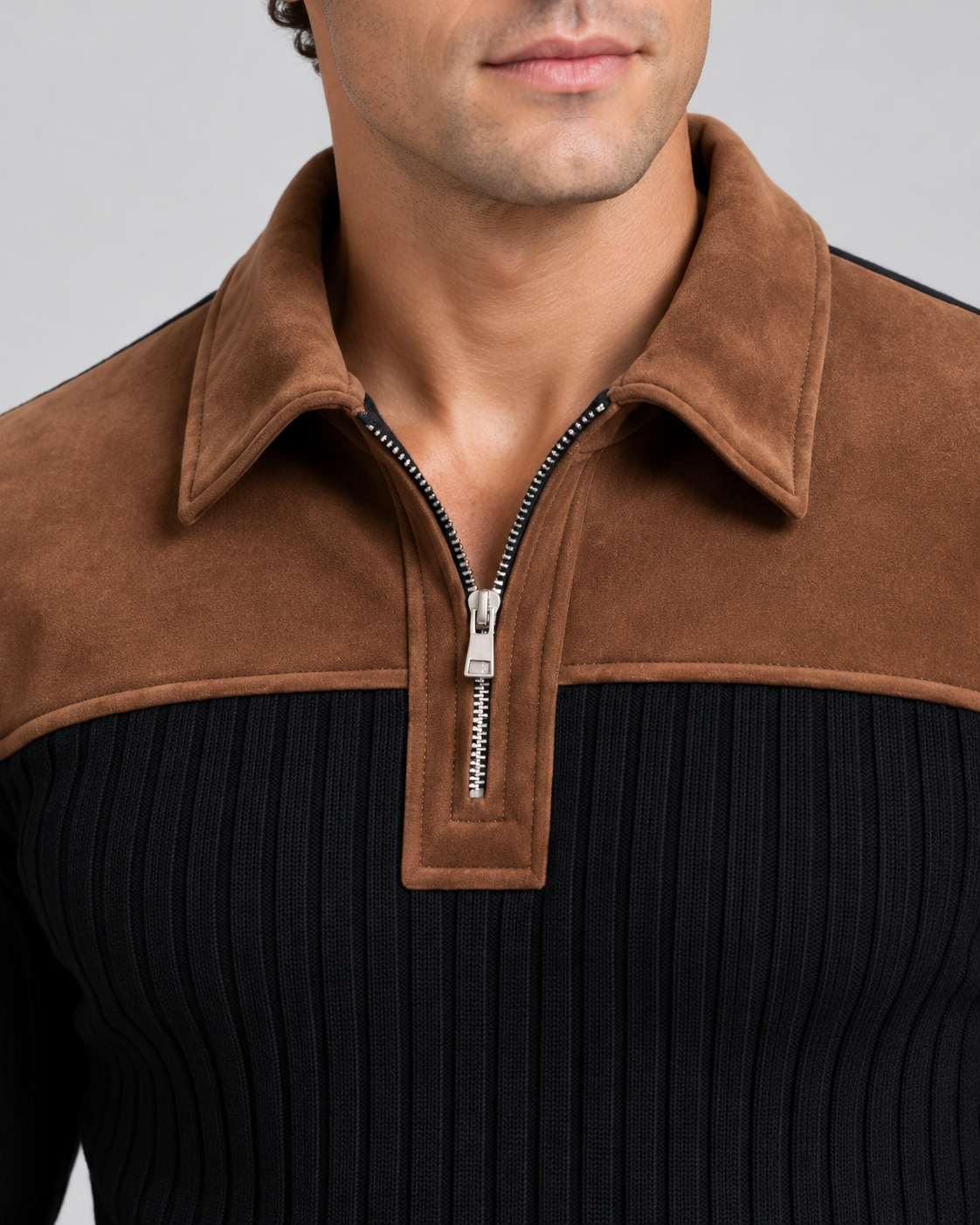 Men's Ribbed Quarter Zip Sweater - Contrast Yoke Regular Fit