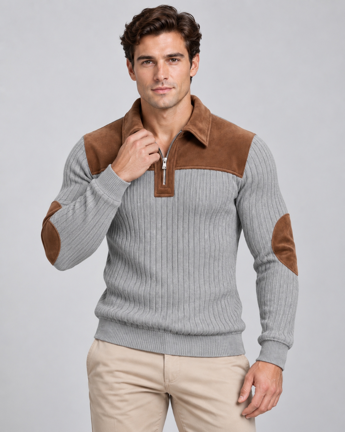 Men's Ribbed Quarter Zip Sweater - Contrast Yoke Regular Fit